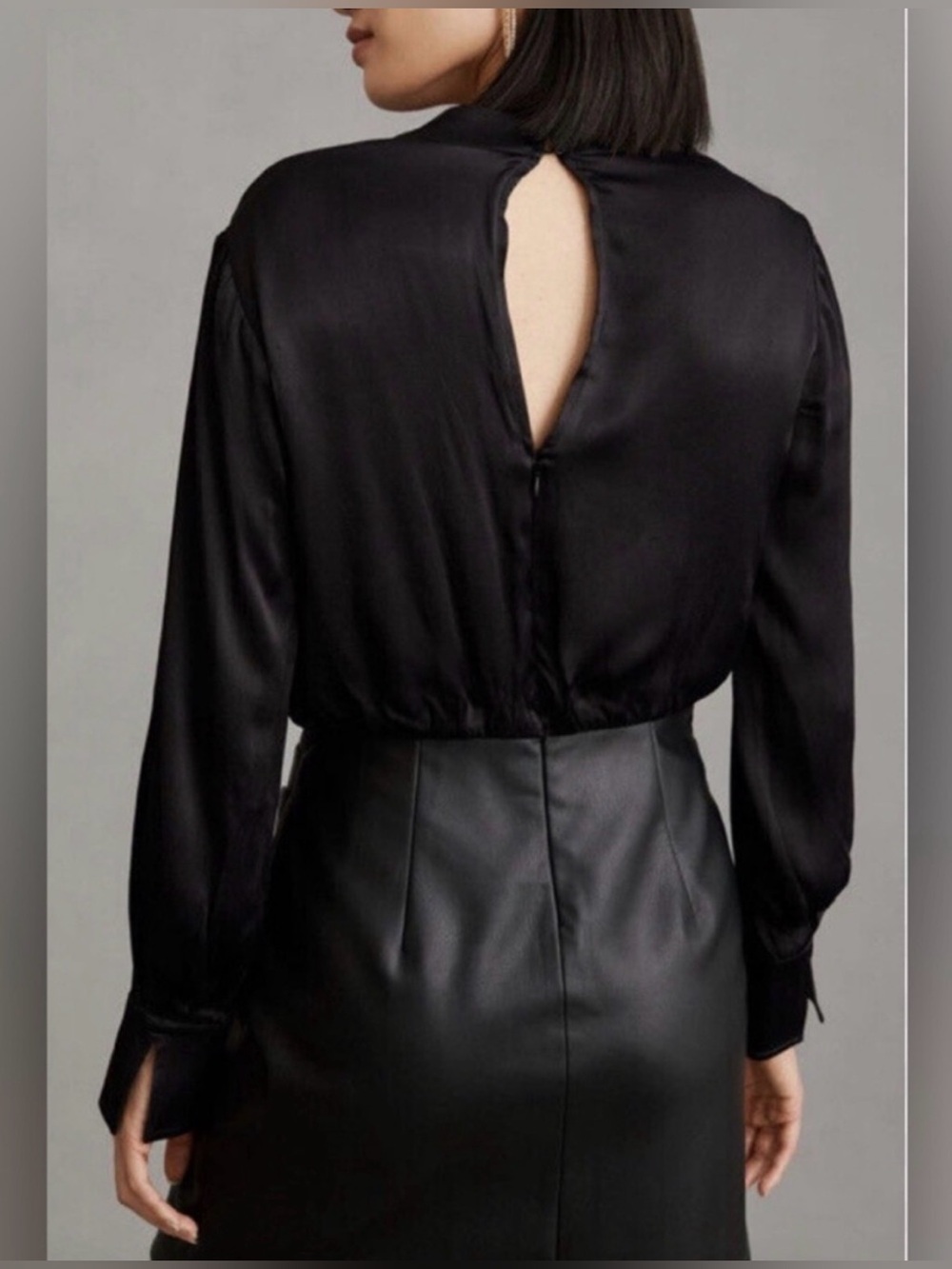 New Anthropologie Maeve Plunge Faux Vegan Leather Black Dress Long Sleeve Mini 0 - Picture 2 of 9